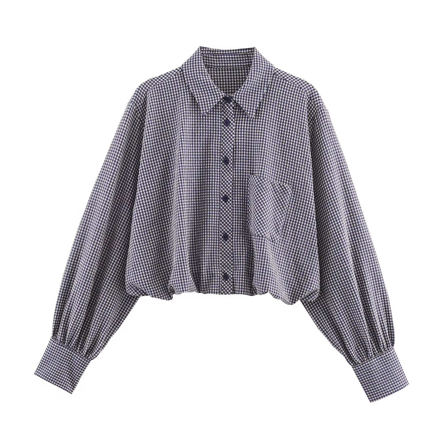 

Women Fashion Chic Balloon Plaid Shirt Female Spring Autumn Turn-Down Collar Loose Pocket Long Sleeves Blouses Ladies Casual Top