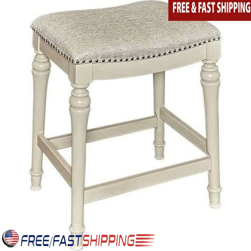 

Backless Wood Counter Stool Saddle Seat Nailheads Rubberwood Comfort 400lb Capacity Tapered Legs Kitchen Bar Seating