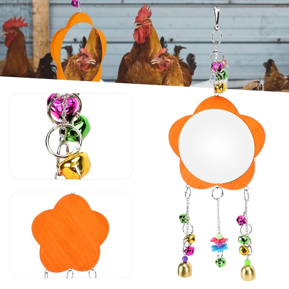Broken Resistant Pet Chicken Toy Non Toxic Plastic Chicken Hanging Mirror Wood Colored Bells Chicken Entertainment Toy Roosters
