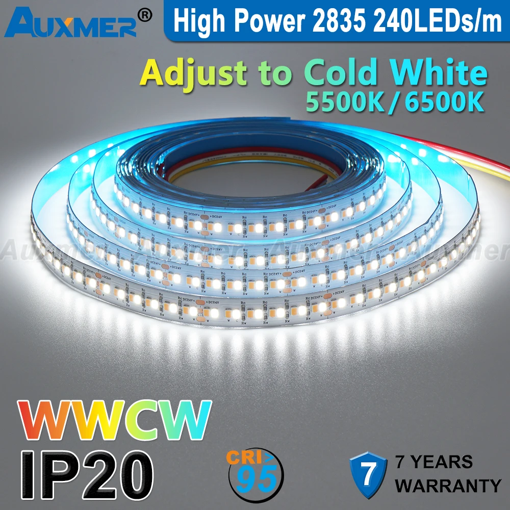 Auxmer 2835 WWCW LED-Streifenlichter, 120 LEDs/m, 240 LEDs/m, CRI>95 Superhelle Flex-LED DC12/24 V, 5 m/Rolle, CCT 2400 ~ 6500 K, IP20, 3SDCM