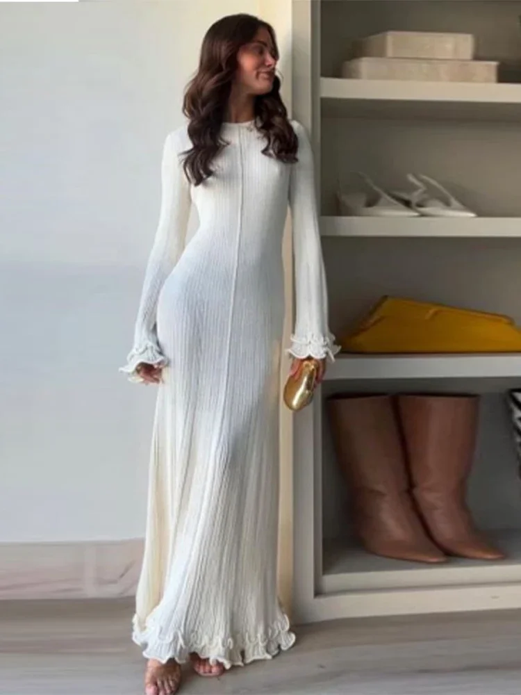 

Elegant Ruffle Hem Women Knit Maxi Dress Fashion O-neck Backless Bandage Flare Long Sleeve Dresses 2024 Lady Slim Street Robes