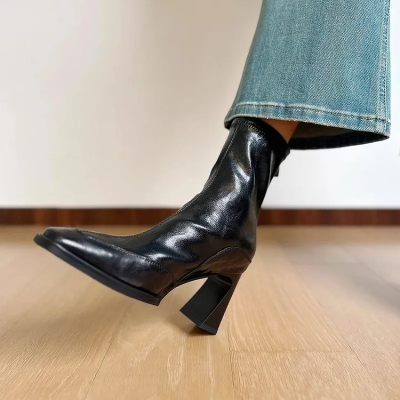 حذاء بكعب عريض أنيق بمقدمة مربعة وسحاب خلفي ونعل ناعم وكعب عالٍ نحيف مقاوم للانزلاق ومقاوم للاهتراء #5