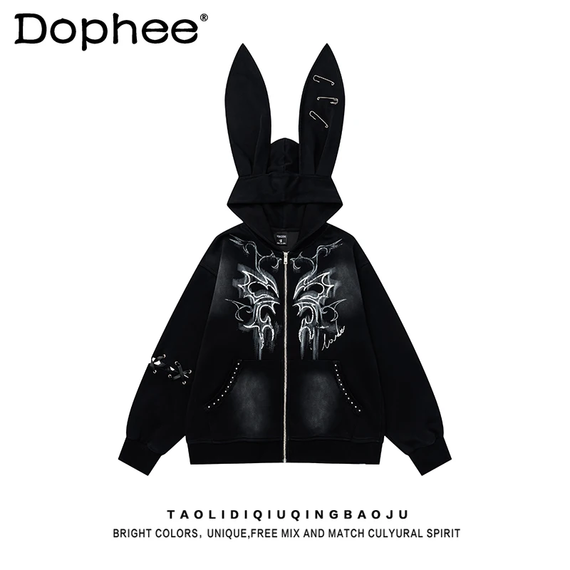 

American High Street Fashion Trend Cartoon Bunny Ears Hooded Sweatshirt Autumn Y2K Subculture Sweet Cool Girl Cardigan Jacket