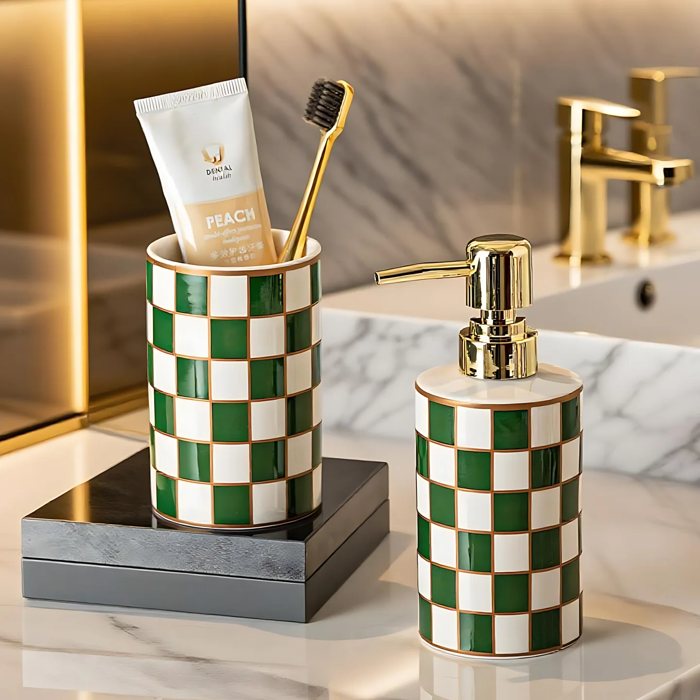 Garrafa de loção cerâmica cilíndrica luxuosa com padrão de grade copo de enxágue acessórios do banheiro dispensador de sabão portátil garrafa de loção