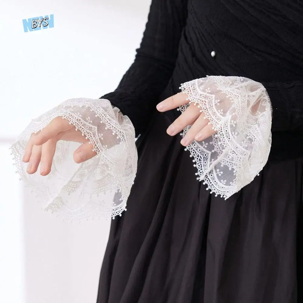 

Gift Double Layer Lace Fake Cuffs Pleated Flower Horn Cuffs Decoration Solid All-match Elastic Sleeve Cuffs Clothing Accessory