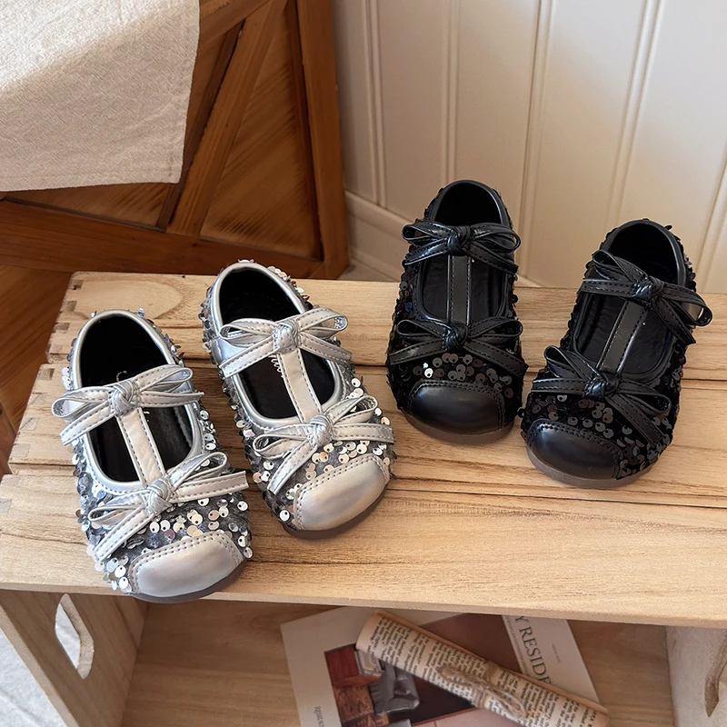 Girls Sequins Mary Jane Shoes Soft Sole Children Flats Princess Shoes Little Kids Leather Shoes for Party Wedding Non‑slip