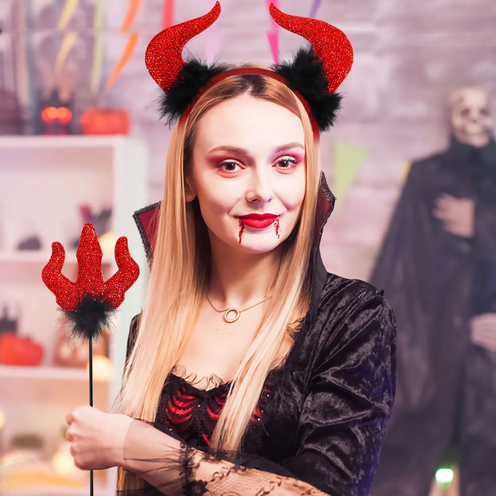 Diadema de diablo rojo para Halloween, conjunto de bastón, diadema de cuerno de toro, accesorios para el cabello, bola de maquillaje, accesorios de rendimiento, regalos de Festival para niñas