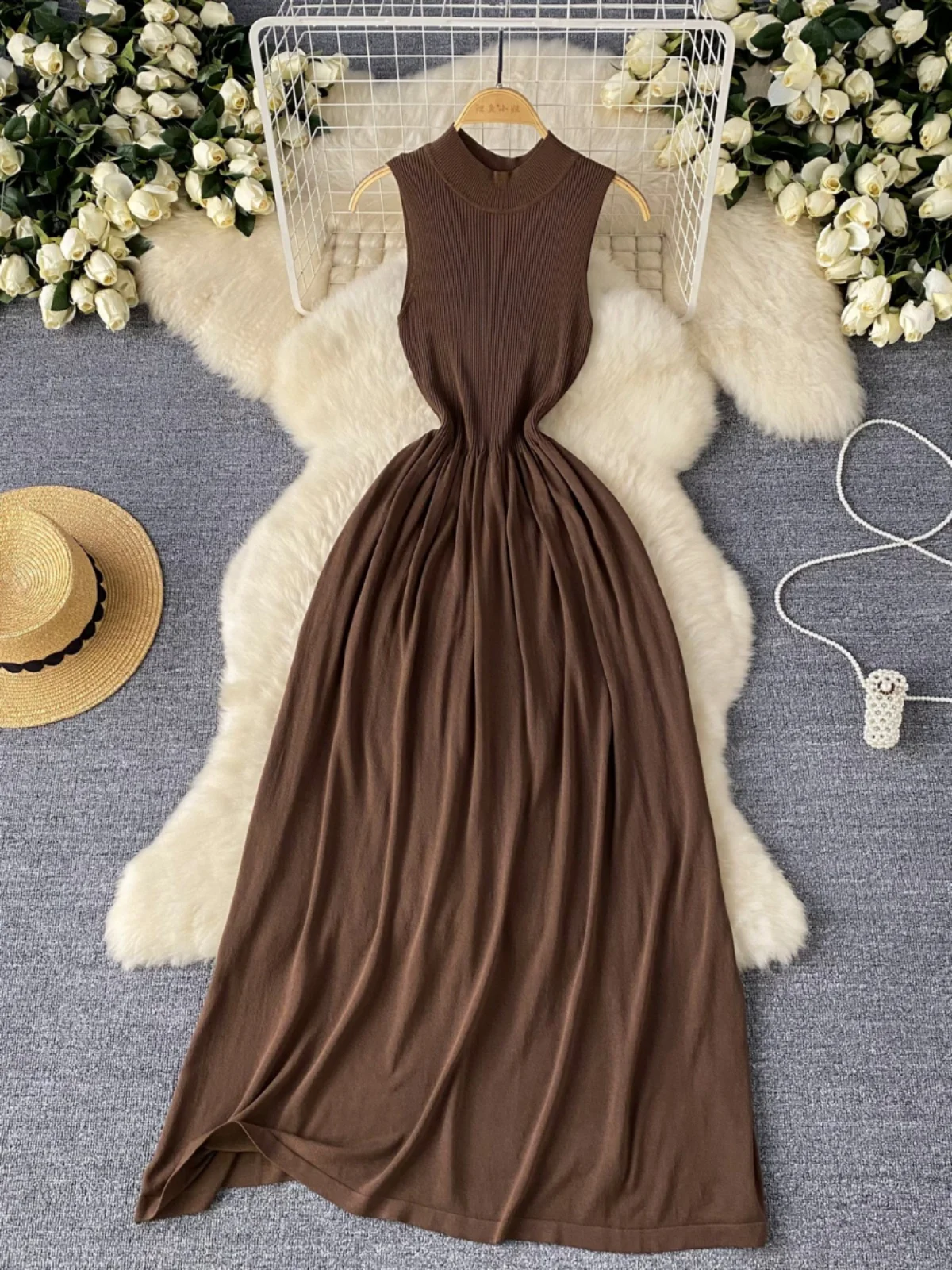 

Foamlina Simple Style Knitting Dress for Women Summer Fashion Solid O Neck Sleeveless High Waist A Line Casual Female Long Dress