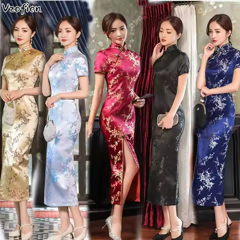 Chinese Cheongsam Dress Traditional Wedding Qipao Woman Embroidery Elegant Split Dress Vintage Floral Print Evening Party Dress