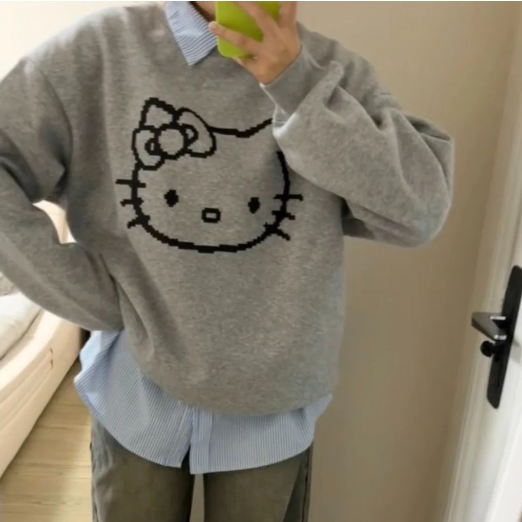 Miniso Hello Kitty Pullover Pure Cotton Printing Round Neck Hoodie Sweatshirt Leisure VersatileLong Sleeves Will Not Pill Tops