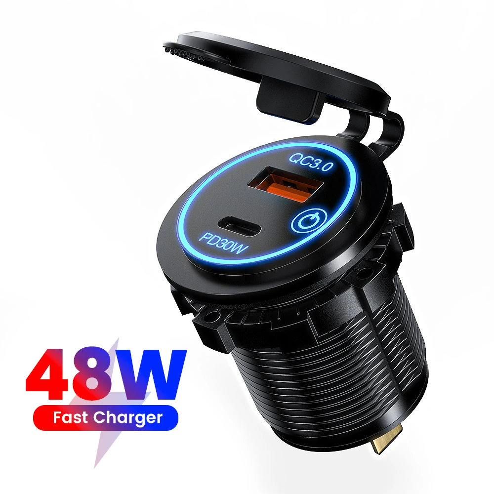 Motorcycle QC3.0 USB Fast Charger PD30W Handlebar Dual USB Socket with Switch Voltmeter Waterproof 12V Power Supply Adapter