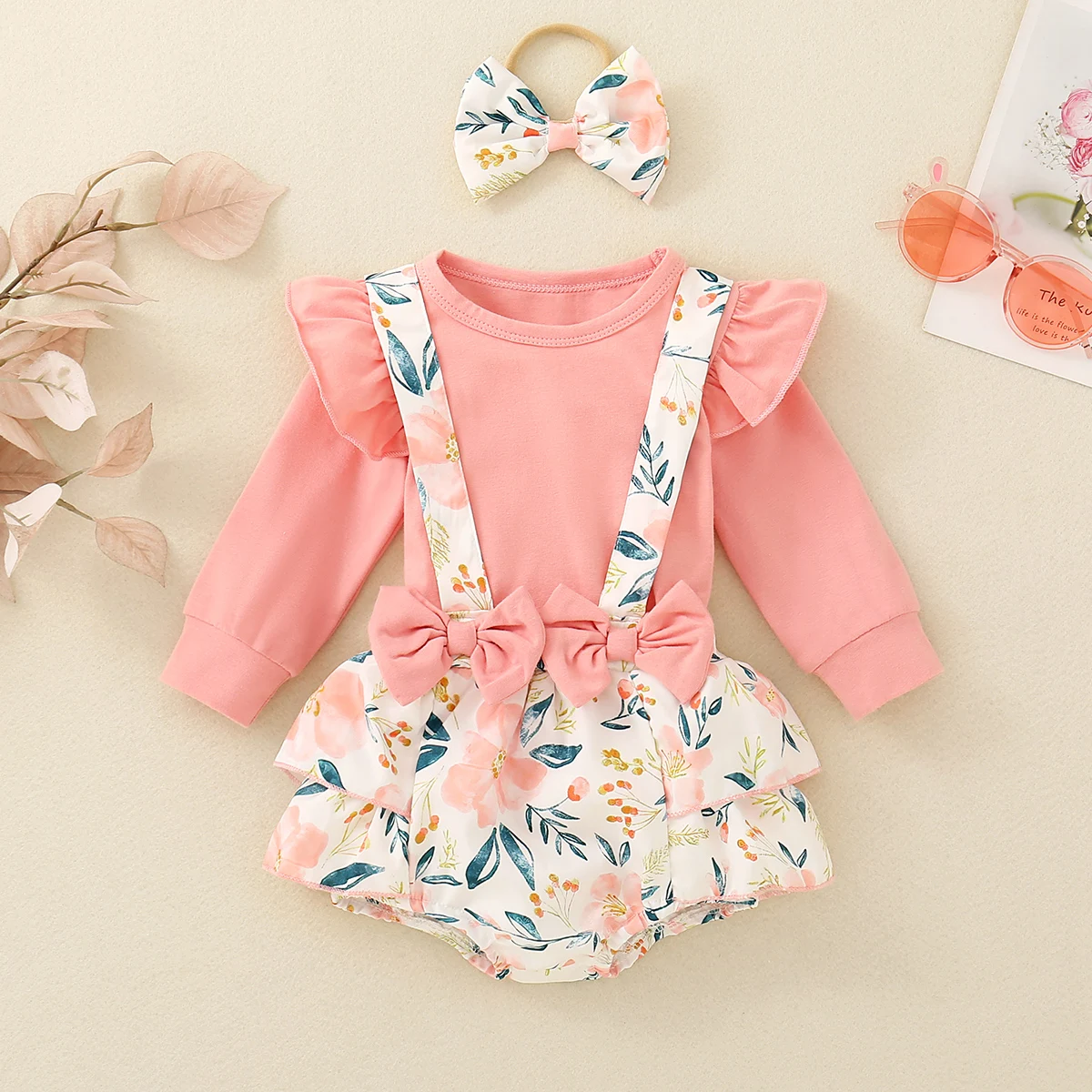 Spring/Autumn Collection Baby Girl Pink Solid Top with Floral Print Dungarees Two-Piece Set - Sweet and Adorable