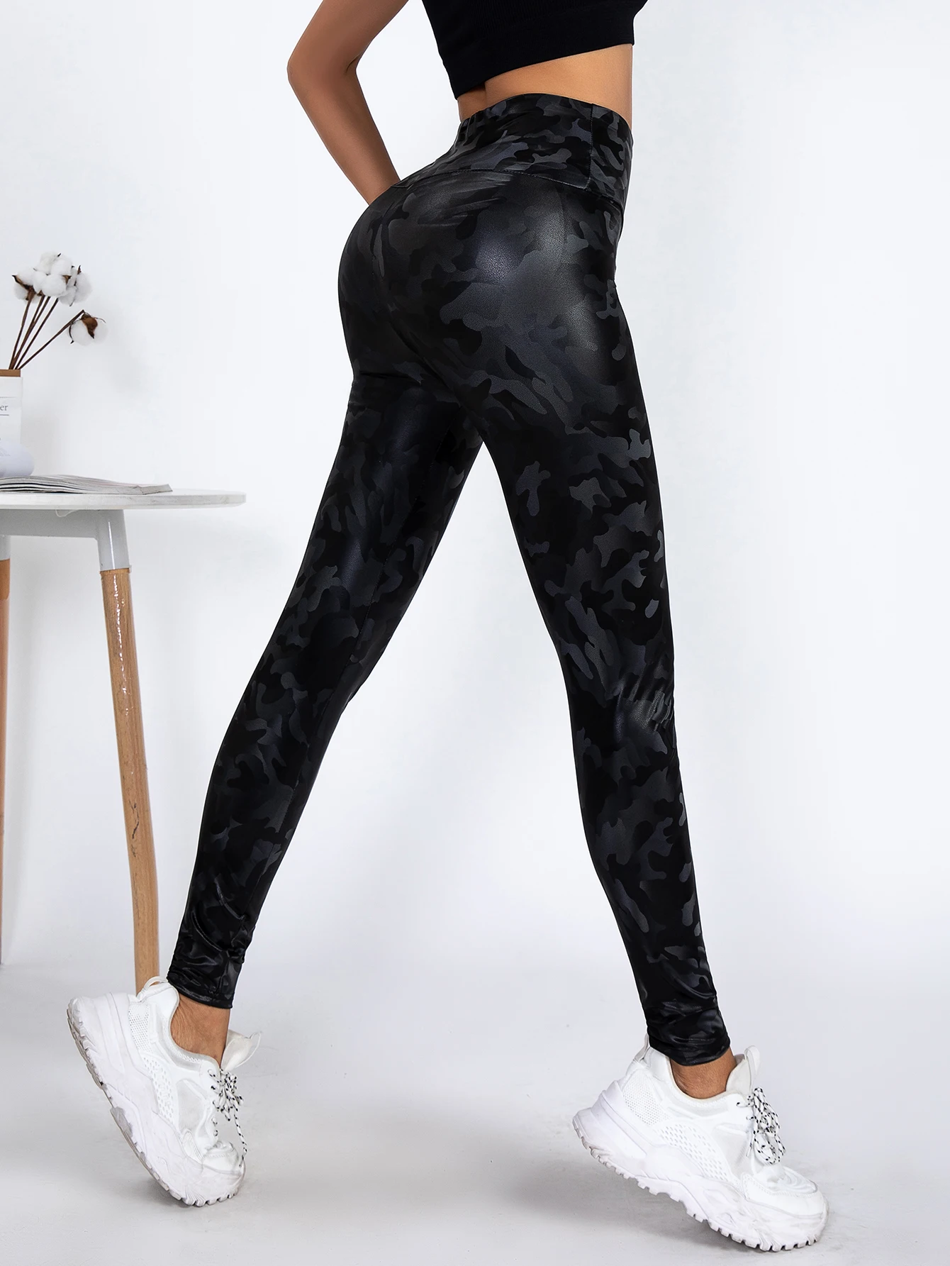 New High-waisted Skinny Leather Pants Women Europe And The United States Elastic Large Size Casual Camouflage Leggings Women