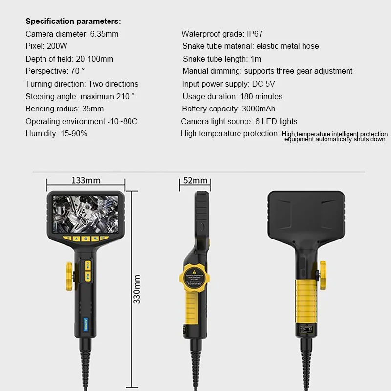 Lente bidireccional de 6mm para coche, endoscopio Industrial articulado de 210 ° y 200W, cámara de inspección automotriz, boroscopio de vídeo USB, 1080P HD