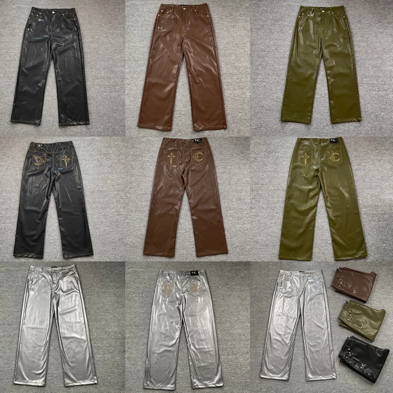 

Thug Club Trousers Men Women Loose Sweatpants American Retro High Street Metal Logo Embroidery PU Leather Casual Pants