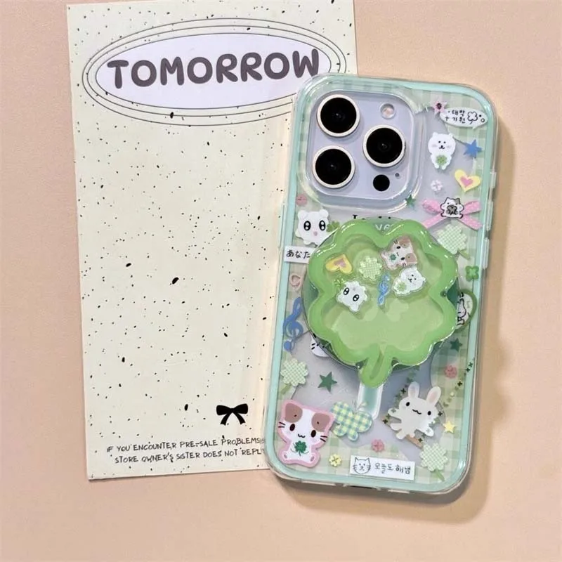 Magnetische Handyhülle mit Karomuster, vierblättrigem Kleeblatt und Katzenmotiv, inklusive magnetischer Halterung für iPhone 12, 13, 14, 15, 16, 17, 18 Pro Max. – Detail 4