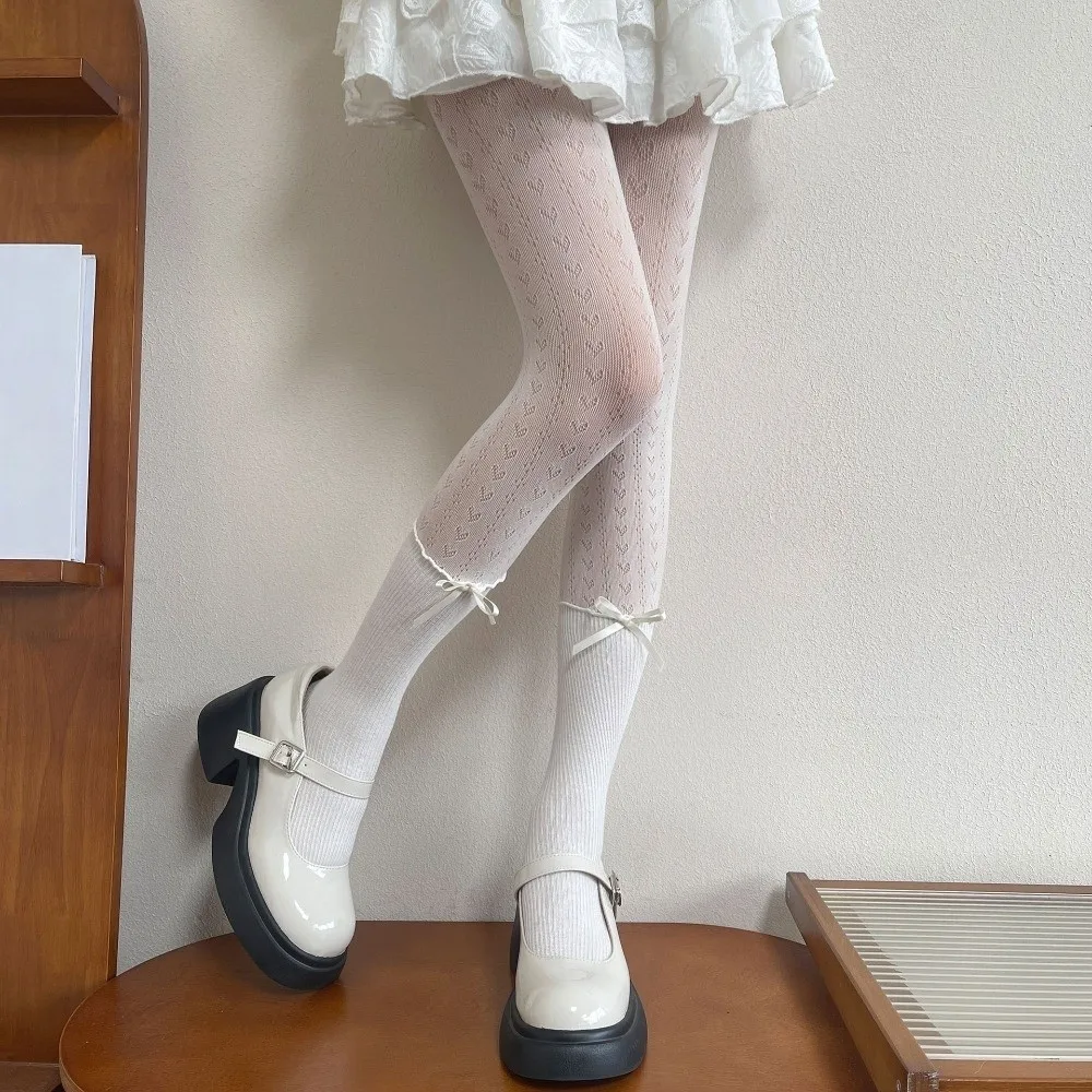 

Персонализированные эластичные колготки с эффектом двухслойности, дышащие, с кружевной отделкой в виде сердечек, тонкие, с бантом, в сеточку, для девочек