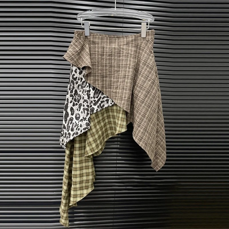 KBQ Hit Color Irregular Hem Skirts for Women High Waist Temperament Small Niche Design American Fashion Plaid Short Skirt Female