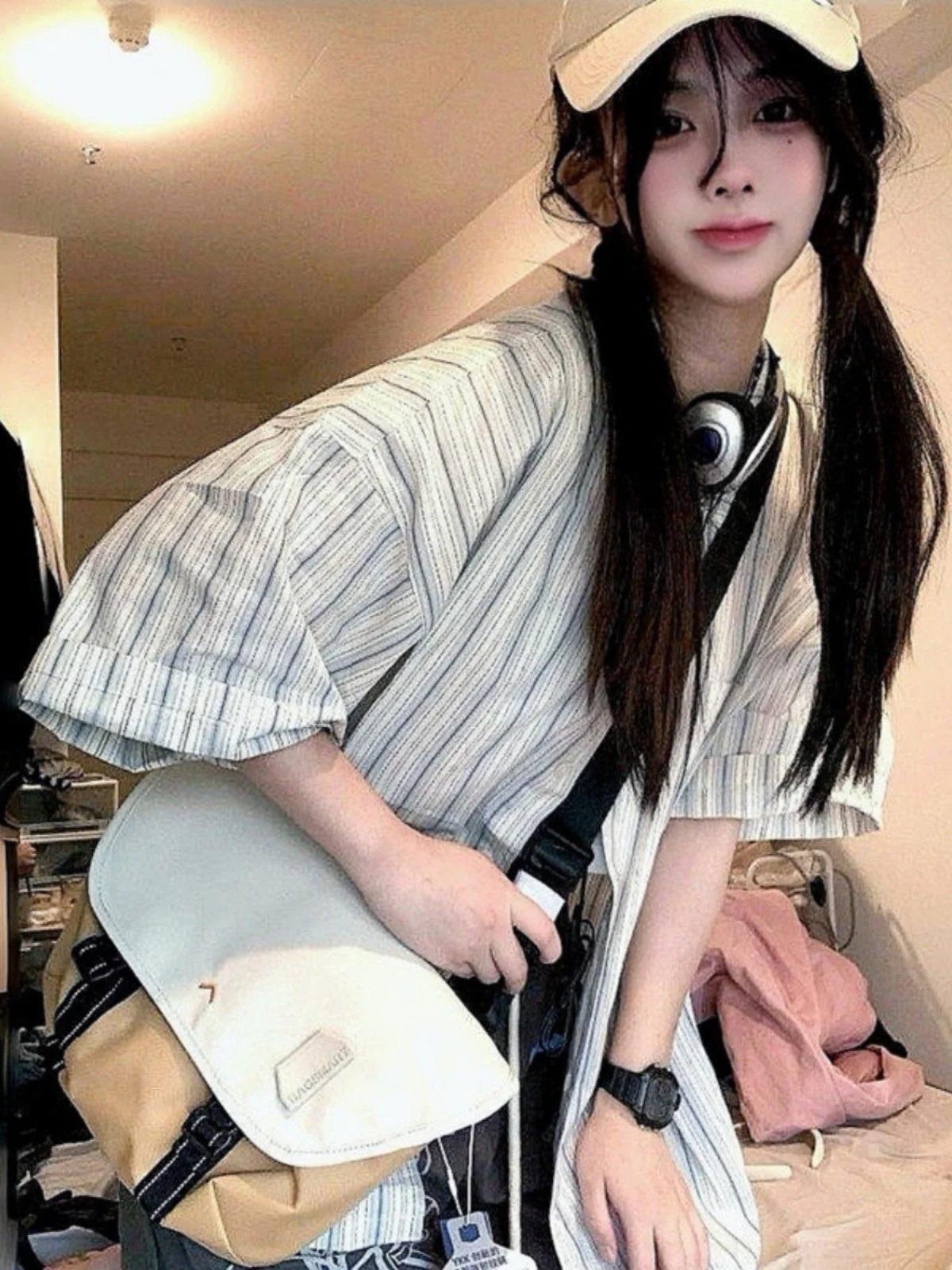 

Мужская рубашка в полоску с коротким рукавом, легкая, повседневная, летняя, свободного кроя, для пар, на пуговицах, тонкая модель с охлаждающим эффектом