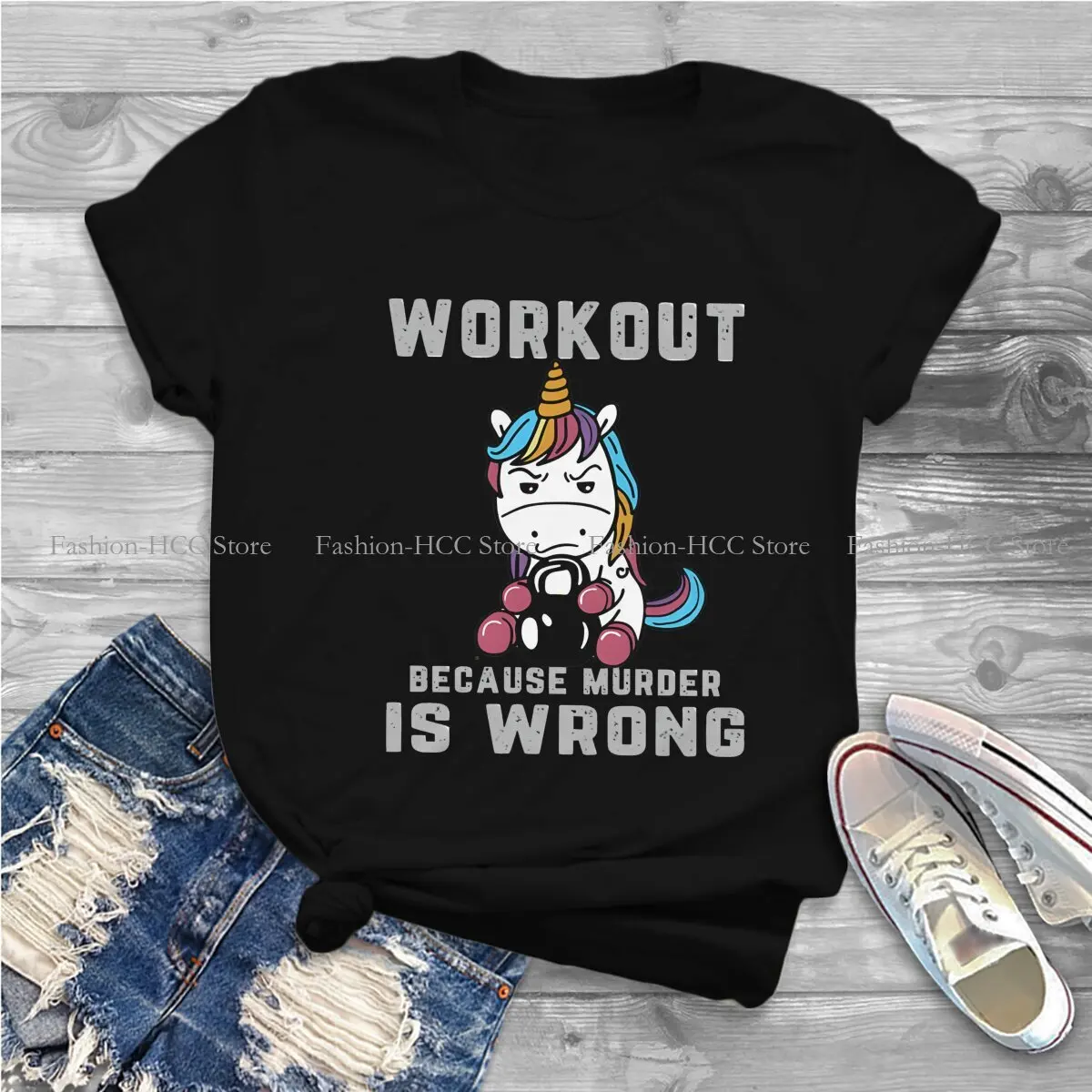 Workout Because Murder Is Wrong Casual Polyester TShirt Cute Unicorn Cartoon Printing Streetwear Leisure T Shirt Female Tee