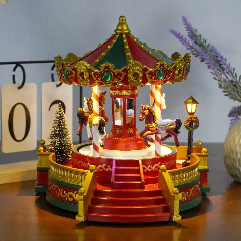 2024 New Arrival Red Dancing Horse LED Light Carousel Music Box Xmas Holiday Merry Christmas Decorations