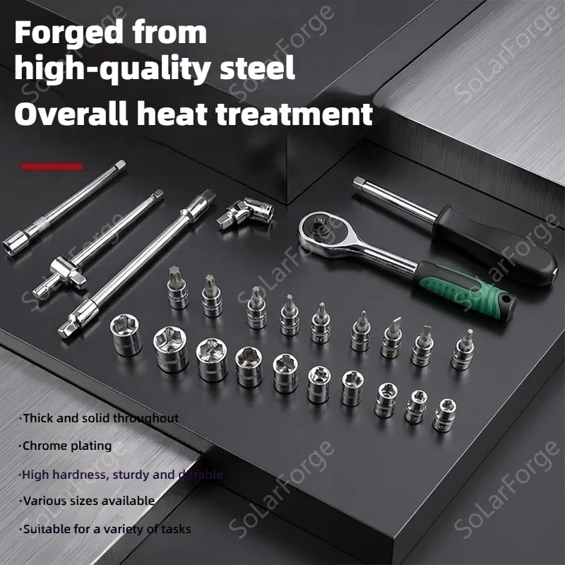 46Pcs Auto Repair Socket Tool Kit, CR-V Steel 24 Tooth Ratchet Wrench,Portable Hard Case for Car Motorcycle Home Maintenance