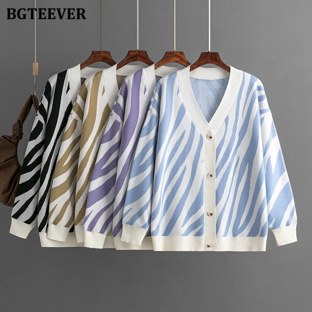 BGTEEVER Casual V-neck Long Sleeve Women Striped Cardigans Sweaters Autumn Winter Loose Single-breasted Female Knitted Coats