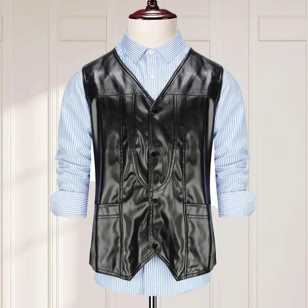 

Men Faux Leather Waistcoat V-neck Sleeveless Slim Fit Single Breasted Vest Coat With Pockets Solid Color Vest Outwear