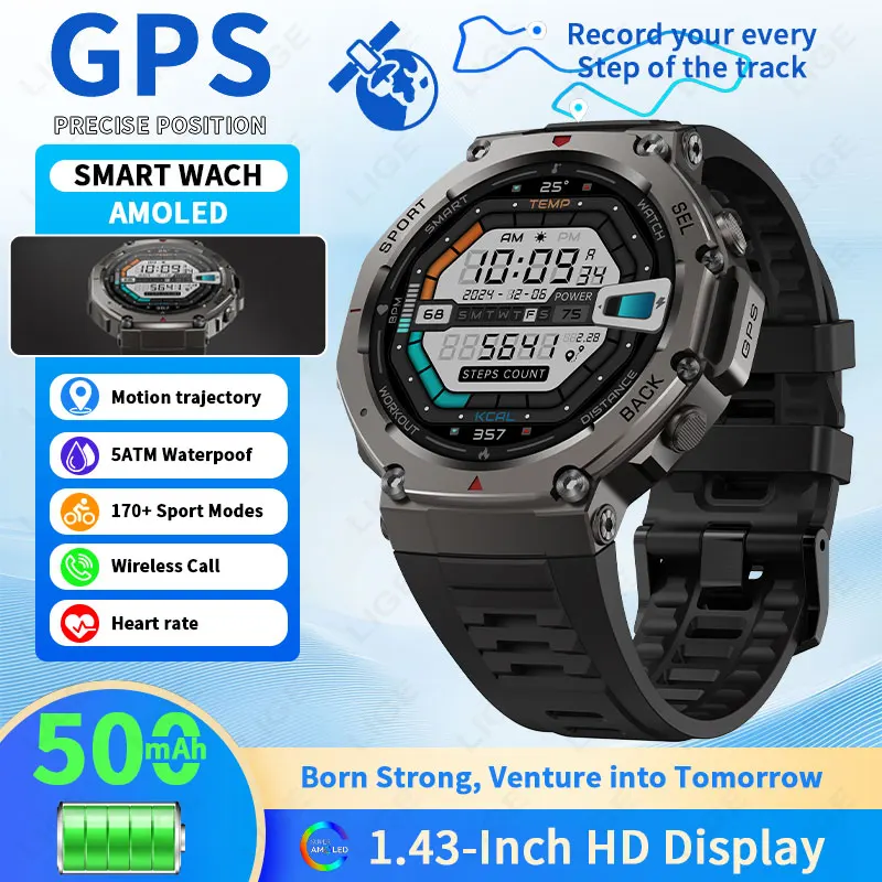 

LIGE новые встроенные двухдиапазонные GPS умные часы мужские часы компас высотомер барометрические 5ATM IP69K водонепроницаемые умные часы AMOLED HD