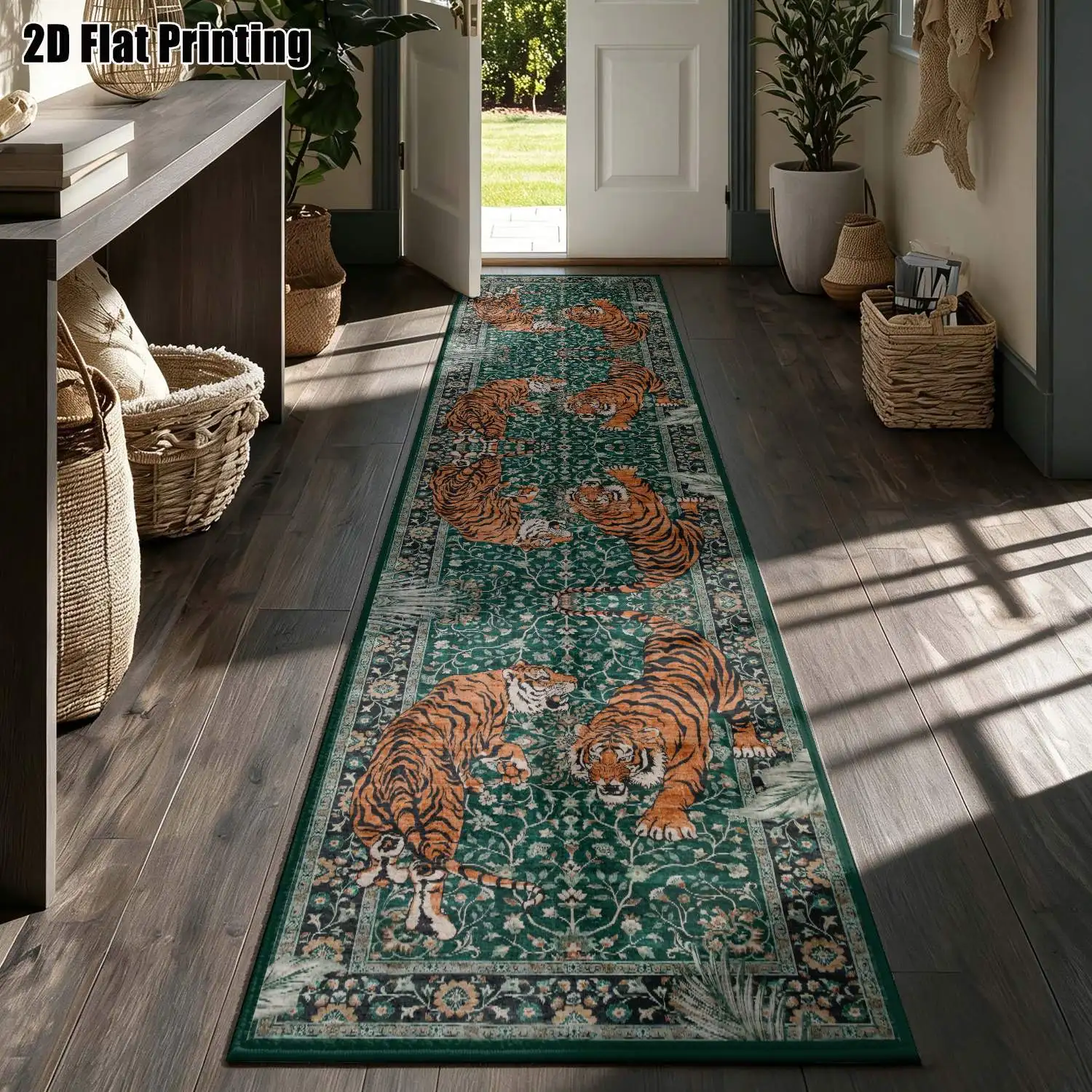 1Pc 2D Printed Green Tiger Pattern Long Strip Rug Vintage, European-Style, Bohemian, Animal Pattern Rugs, Home Decor, Multi-Size, Machine Washable, Suitable for Entryway, Hallway, Living Room, Bedroom.
