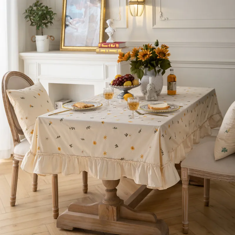 

New Home Dining Table Cloth Light Luxury All Cotton Apricot Embroidered Flower Skirt Pleated Lotus Leaf Tea Table Tablecloth