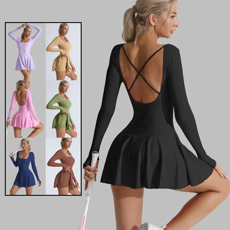 Womens Big Round Neck Tennis Dress Long Sleeve Backless Dress Built in Shorts Ladies Sexy Golf Athletic Skirts Workout Rompers