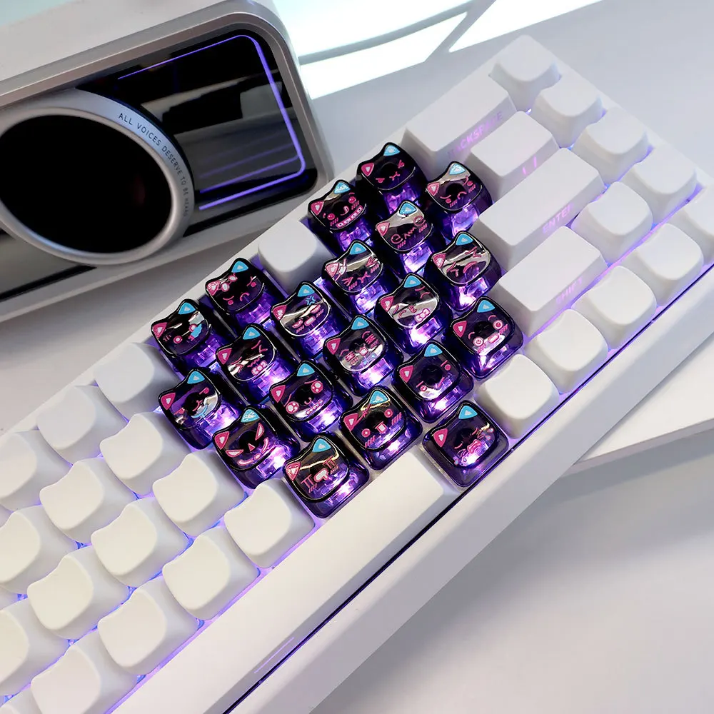 21Key Cute Cat Heart-shaped Transparent Keycaps DIY Keyboard Replacement MAO KeyCap Suitable for MX Axis Mechanical Keyboard