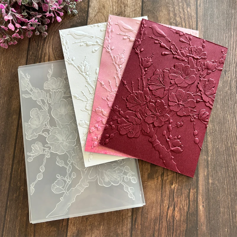 New 3D embossed relief folder and mold for handmade letter background greeting card scrapbook with floral and bird plum blossom