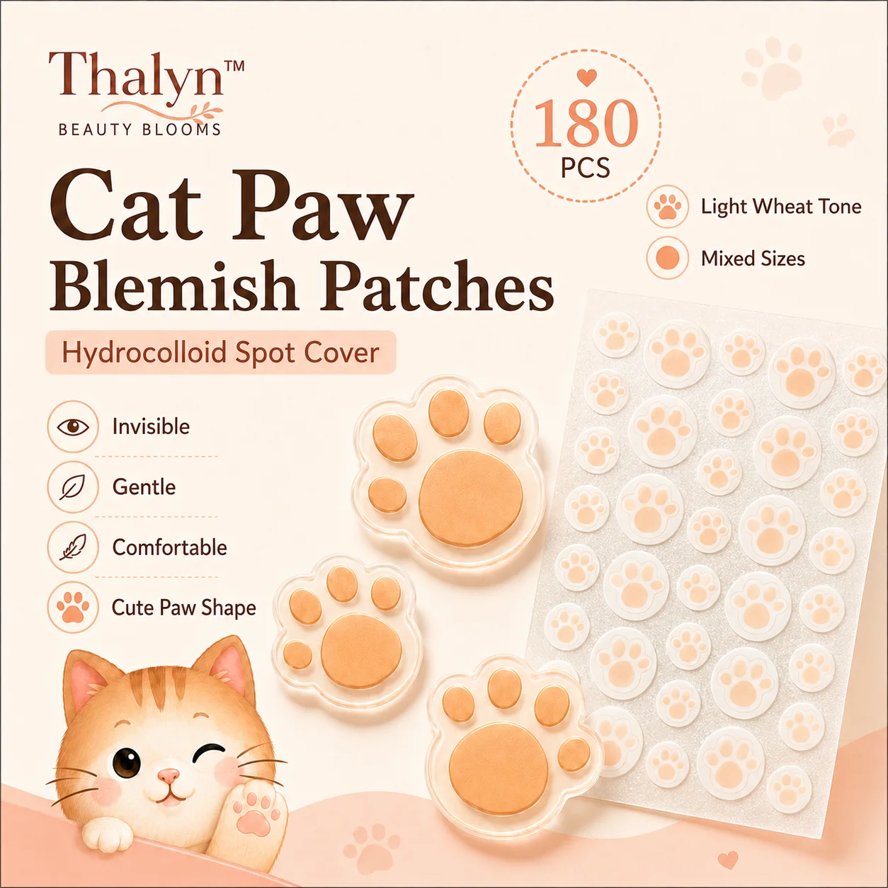 180PCS Cat Paw Acne Patches Wheat Color Pimple Spot Cover Stickers Skin Cleansing Decorative Face Patches