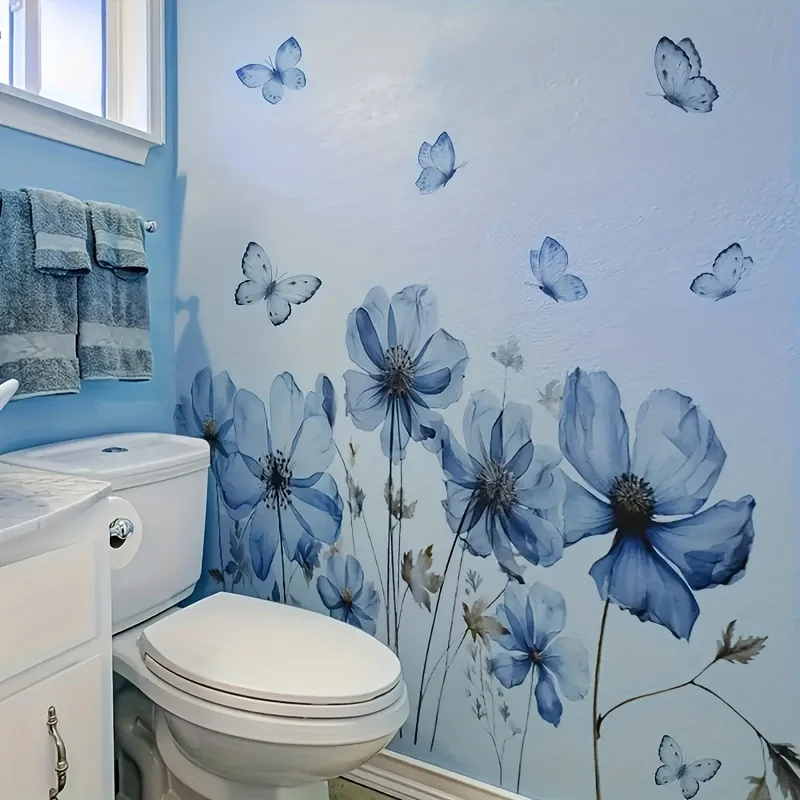 رومانسية الفراشة الزرقاء النرجس البري الزهور ملصقات جدار غرفة نوم الشرفة خلفية ديكور الجدار ملصق زهرة خلفية الشارات