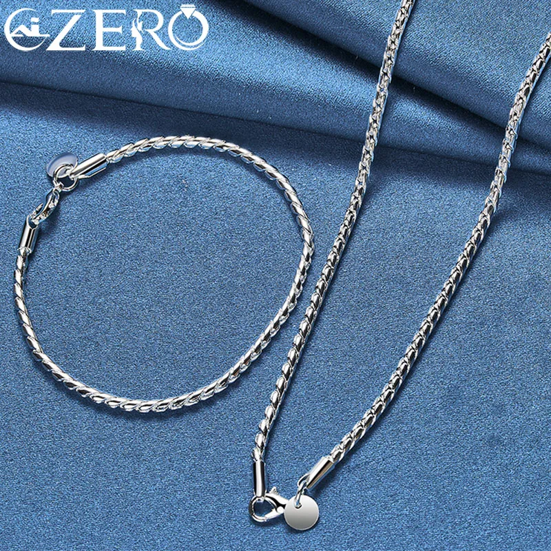 ALIZERO 925 Sterling Silver 2pcs Sets 4mm Rope Chain Bracelet Necklace For Women Men Wedding Party Fashion Jewelry Set