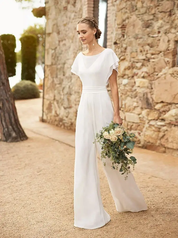 Modern Simple Wedding Dresses with Pants Boho Bridal Gowns Beach Bride Dress Round Neck Short Sleeve Wedding Gowns 2024 Back Out