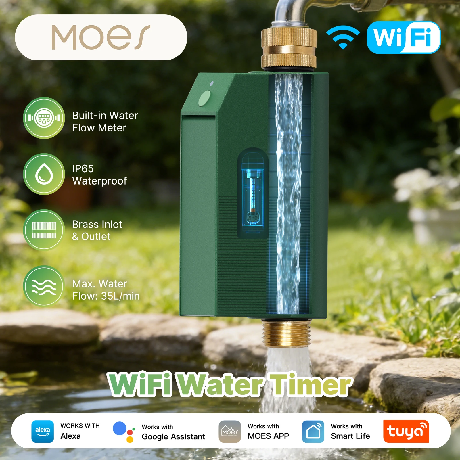 

MOES Tuya WiFi Water Timer Smart Valve Controller Brass Inlet&Outlet IP65 Waterproof APP Voice Control Work With Alexa Google