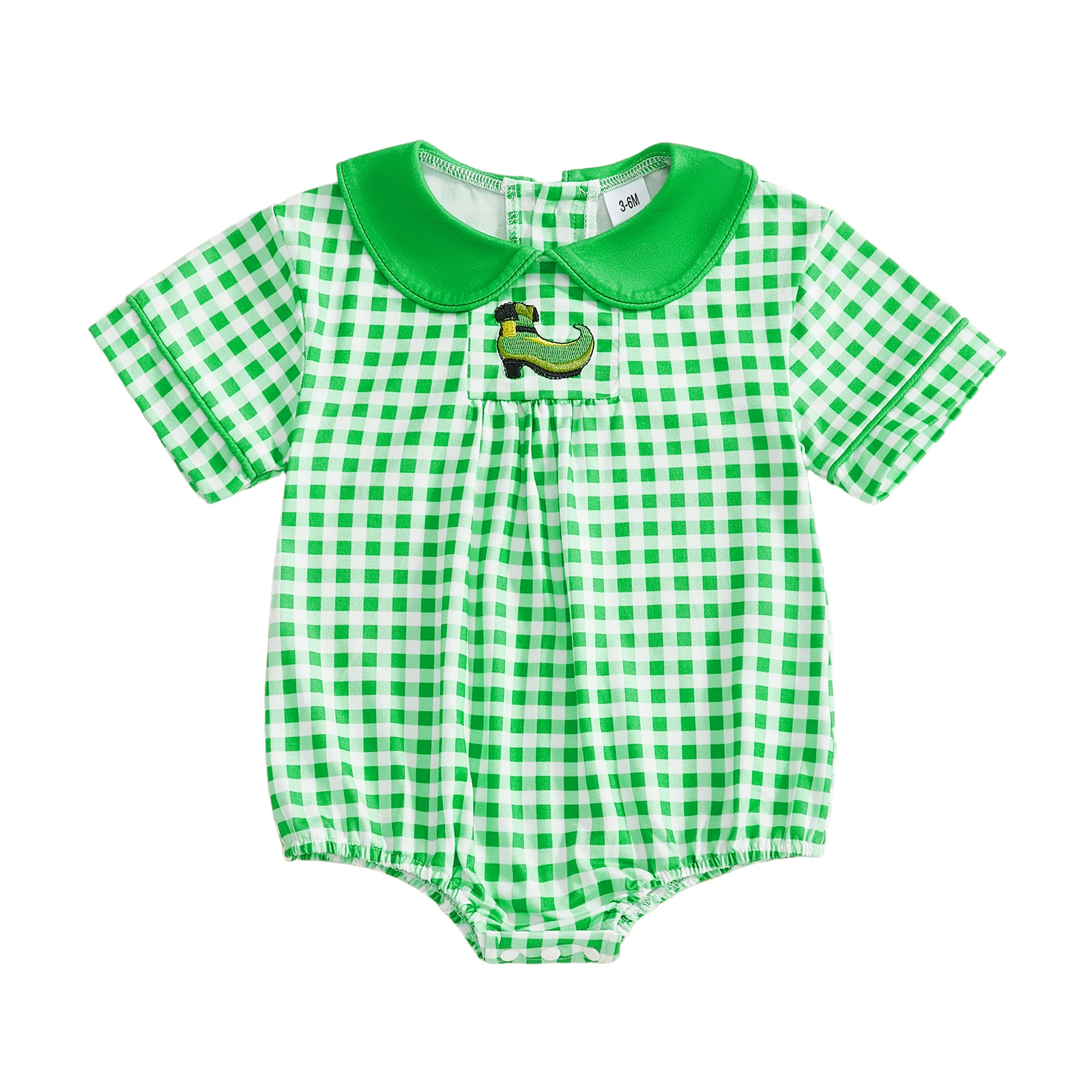Baby Girls Romper, Short Sleeve Doll Collar Plaid Embroidery Infant Bodysuit Summer Clothes