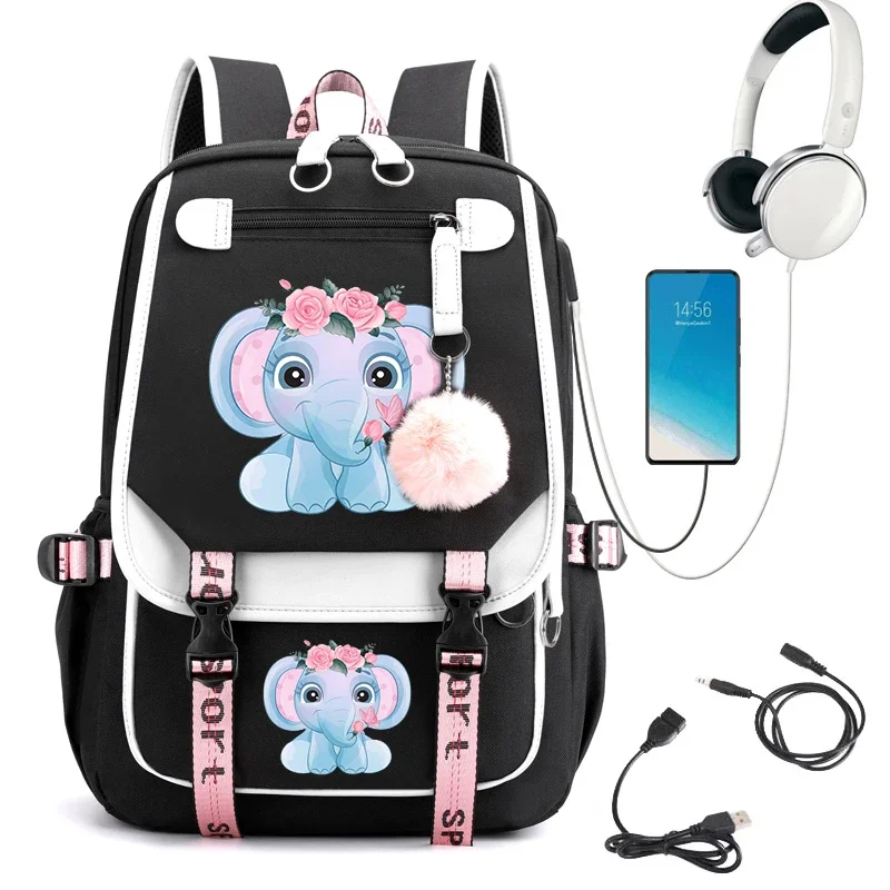 

Elephant Print Backpack for Teenager Girls Children's Backpack Primary School Bag Cartoon Bookbag Usb Charging Bagpacks