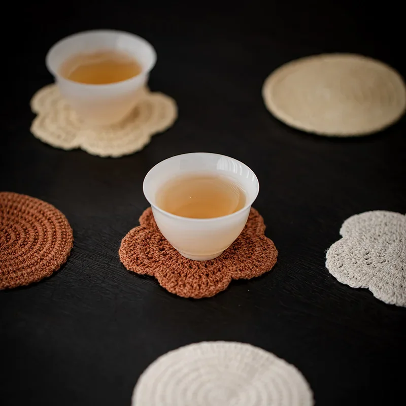 Vintage Crochet Round Flower Tea Coaster Heat Insulation Teapot Mat Fabric Drink Pad Tea Accessory  Home Decor