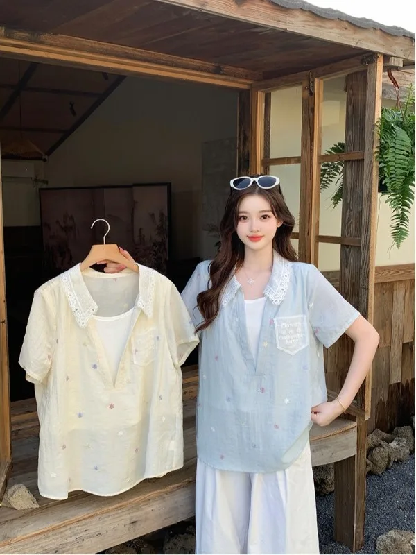

plus Size Casual Embroidered Floral Short Sleeve Shirt Women's Top Slimming Illusion Fake Two-Piece Style Summer Fashion
