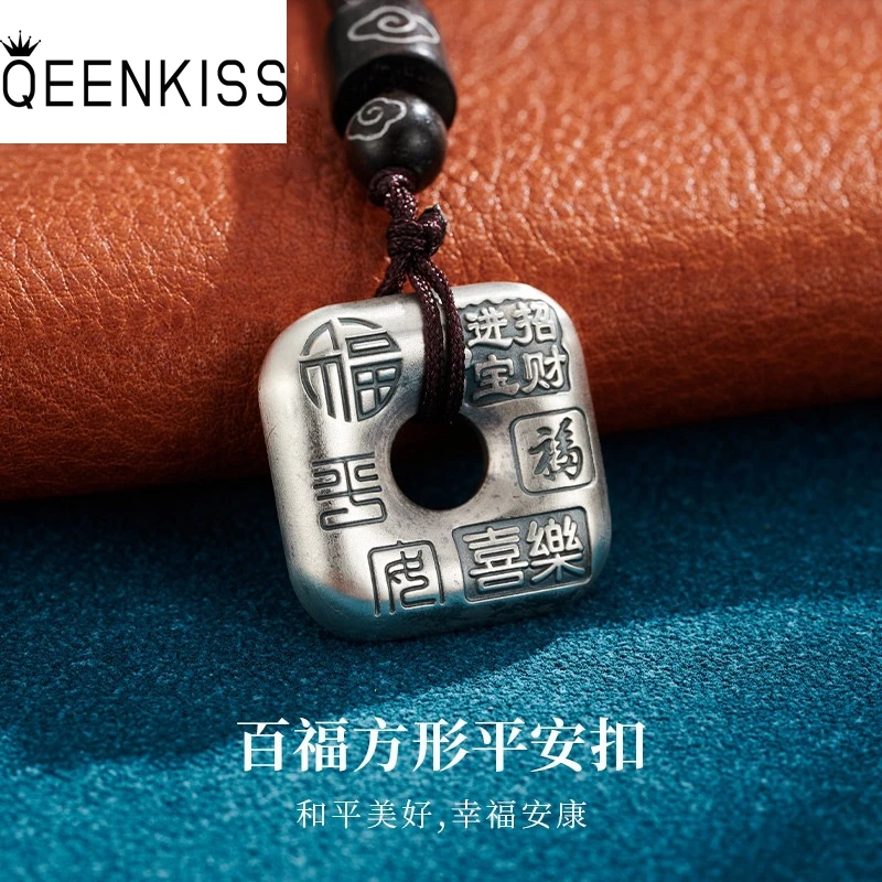 

QEENKISS 925 Sterling Silver Vintage Square FU Necklace Pendant For Women Men Birthday Wedding Party Boyfriend Father Gift PT623