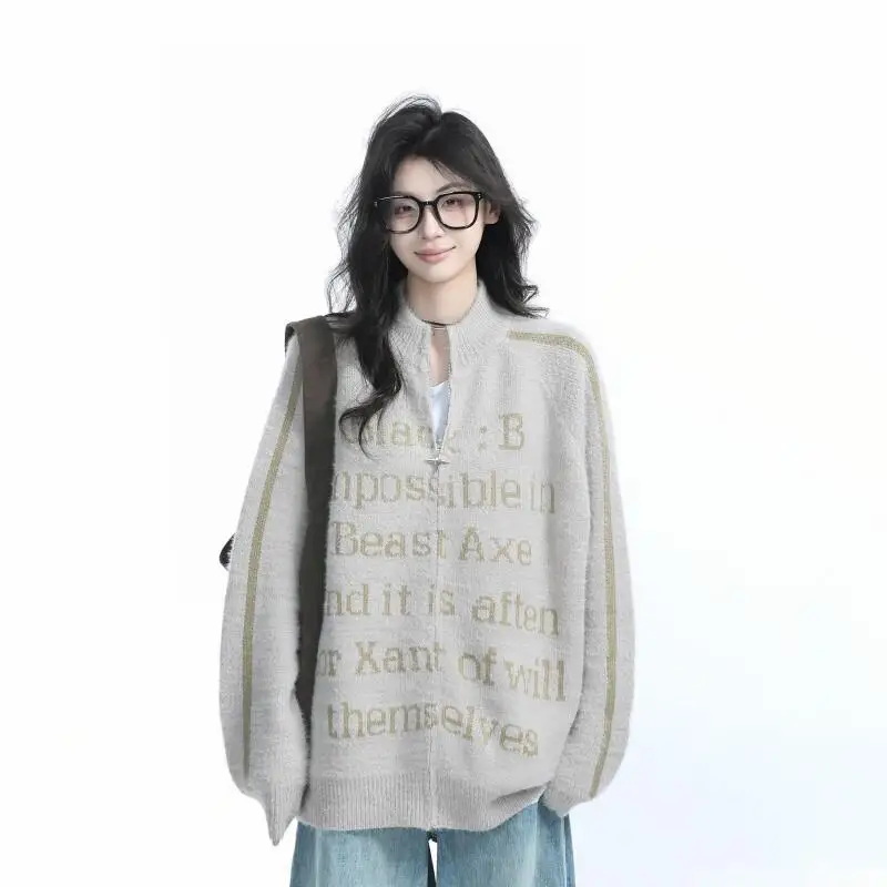 

Американский модный уютный кардиган-свитер женский, весенне-осенний, с жаккардовым узором в виде букв, на молнии, из хлопкового трикотажа