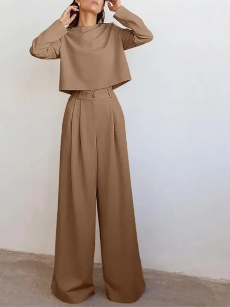 

Spring Autumn Fashion Office Two-piece Suit Woman Casual Solid Colors Short Top Wide-leg Pants Set Ladies Foreign Style Outfit