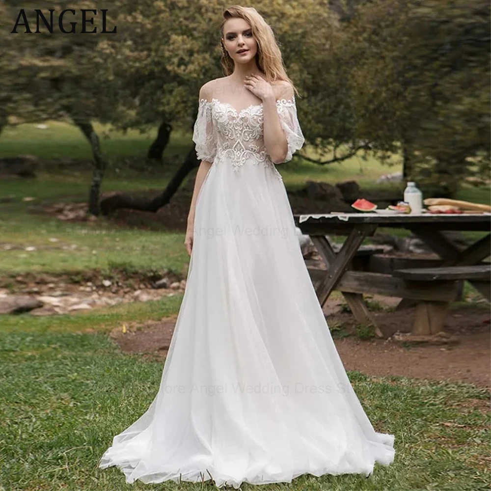 

ANGEL Elegant Off The Shoulder Wedding Dress For Bride Puff Short Sleeves Lace Up Bridal Gown Illusion Robe De Mariée