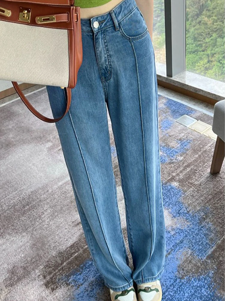Jeans de Mezclilla Deados de Cintura Alta y Pierna Ancha para Mujer, Plones Rectos de Verano con Sensación Fresca, Ajus...