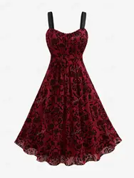 ROSEGAL-vestido de malla con capas de flores para mujer, ropa de calle elegante, hasta la rodilla, informal, color rojo, talla grande, Verano