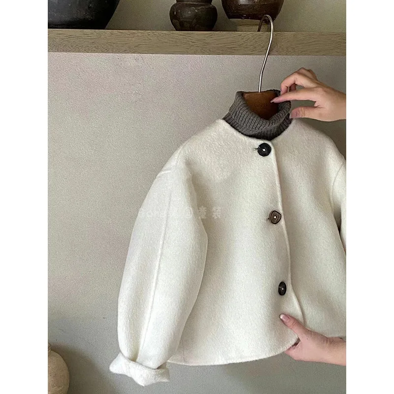 Wool Korea Boys Girls Coat Autumn Spring New Tops Childrens Clothing Outerwear Round Collar 2024 Button Soild Fashion